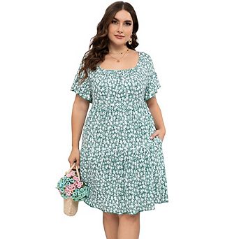 Women's Plus Size Floral Print Tiered Dress Short Sleeve Square Neck Casual Dress