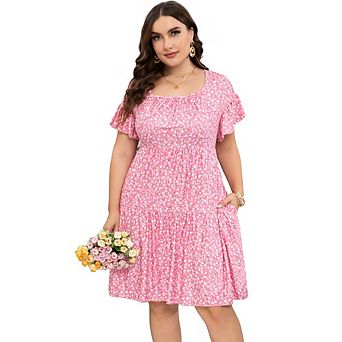 Women's Plus Size Floral Print Tiered Dress Short Sleeve Square Neck Casual Dress
