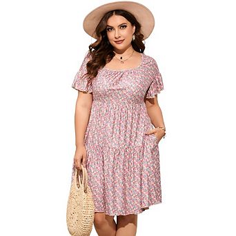 Women's Plus Size Floral Print Tiered Dress Short Sleeve Square Neck Casual Dress