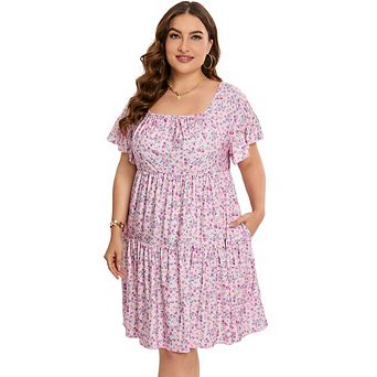 Women's Plus Size Floral Print Tiered Dress Short Sleeve Square Neck Casual Dress