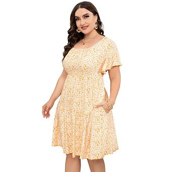 Women's Plus Size Floral Print Tiered Dress Short Sleeve Square Neck Casual Dress