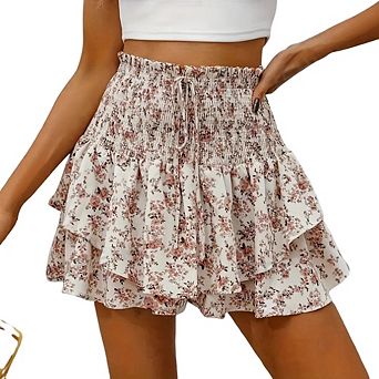 Women's Floral Print Smocked Skort,High Waisted Layered Ruffle Shorts,Drawstring Summer Skirt Shorts