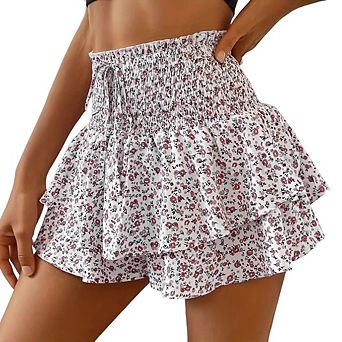 Women's Floral Print Smocked Skort,High Waisted Layered Ruffle Shorts,Drawstring Summer Skirt Shorts