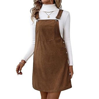 Women's Corduroy Overall Dress, Adjustable Strap Sleeveless Pinafore Mini Dress with Pocket