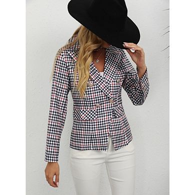 Womens Casual Blazers Plaid Lapel Collar Houndstooth Work Office Blazer Jacket with Pockets
