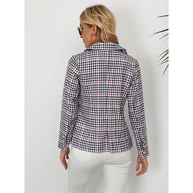 Womens Casual Blazers Plaid Lapel Collar Houndstooth Work Office Blazer Jacket with Pockets