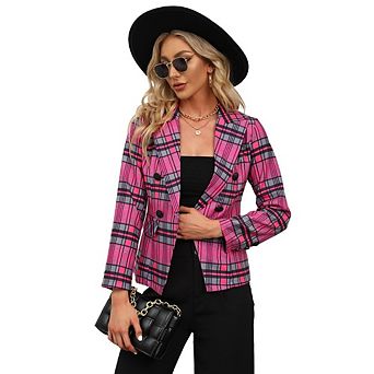 Womens Casual Blazers Plaid Lapel Collar Houndstooth Work Office Blazer Jacket with Pockets