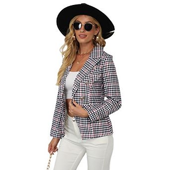 Womens Casual Blazers Plaid Lapel Collar Houndstooth Work Office Blazer Jacket with Pockets