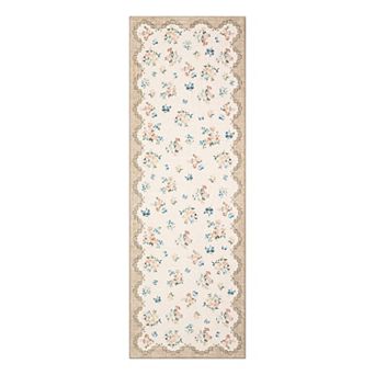 Vintage Floral Rug, Low Pile Washable Carpet Mat with Scalloped Lace Edge, Non-Slip, Easy to Clean