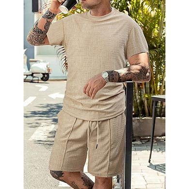 Men's Textured Geometric Knit T-Shirt, Crew Neck Short Sleeve Casual Tee, Slim Fit Basic Top