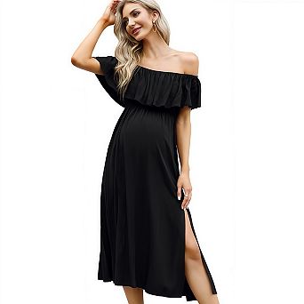 Off Shoulder Maternity Maxi Dress, Split Hem Casual Long Photography Gown for Baby Shower Photoshoot