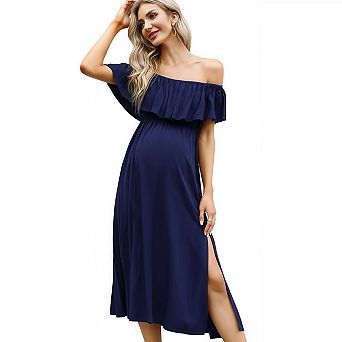 Off Shoulder Maternity Maxi Dress, Split Hem Casual Long Photography Gown for Baby Shower Photoshoot