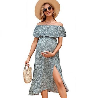 Off Shoulder Maternity Maxi Dress, Split Hem Casual Long Photography Gown for Baby Shower Photoshoot