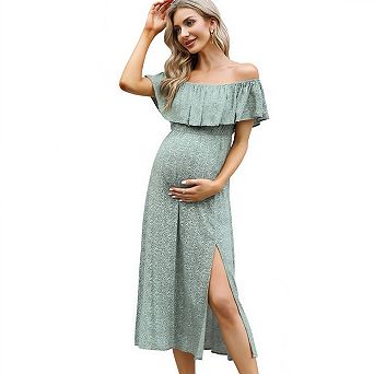 Off Shoulder Maternity Maxi Dress, Split Hem Casual Long Photography Gown for Baby Shower Photoshoot