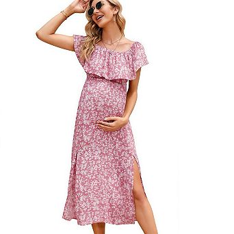 Off Shoulder Maternity Maxi Dress, Split Hem Casual Long Photography Gown for Baby Shower Photoshoot