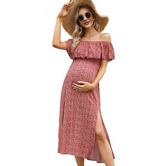Off Shoulder Maternity Maxi Dress, Split Hem Casual Long Photography Gown for Baby Shower Photoshoot