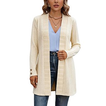 Women's Long Knit Cardigan Open Front Long Sleeve Cable Knit Casual Jacket