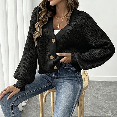 Women's Oversized Knit Cardigan, Chunky Button-Down Sweater with Balloon Sleeves