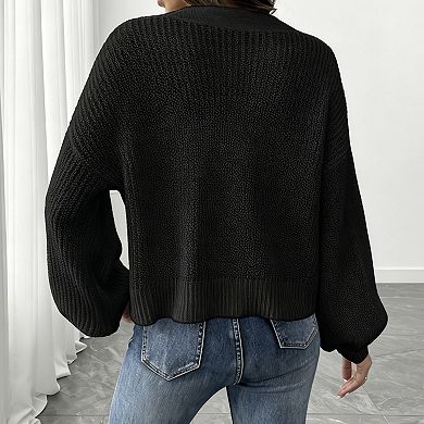 Women's Oversized Knit Cardigan, Chunky Button-Down Sweater with Balloon Sleeves