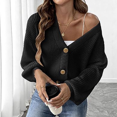 Women's Oversized Knit Cardigan, Chunky Button-Down Sweater with Balloon Sleeves
