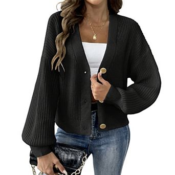 Women's Oversized Knit Cardigan, Chunky Button-Down Sweater with Balloon Sleeves