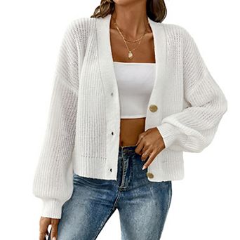 Women's Oversized Knit Cardigan, Chunky Button-Down Sweater with Balloon Sleeves