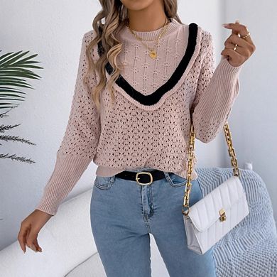 Women's Knit Crew Neck Sweater Long Sleeve Casual Knitwear Pullover Top Outfits