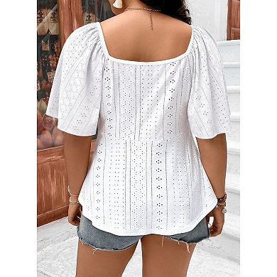 Plus Size Women's Eyelet Embroidery Peplum Blouse, V-Neck Drawstring Flutter Short Sleeve Top