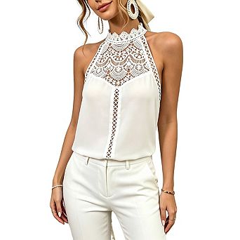 Women’s Lace Halter Sleeveless Top Floral Lace Trim Flowy High Neck Summer Casual Tank Top