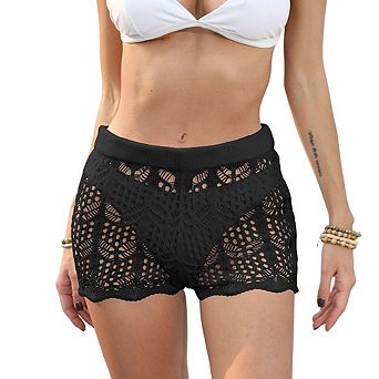 Women's Crochet Lace Swim Cover Up Shorts, Elastic Waist Hollow Out Beach Shorts,Summer Cover Up