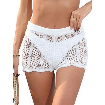 Women's Crochet Lace Swim Cover Up Shorts, Elastic Waist Hollow Out Beach Shorts,Summer Cover Up