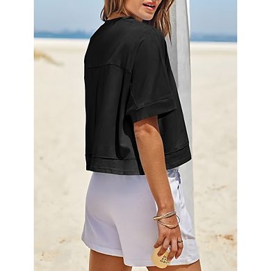 Women Cropped T-Shirts Short Sleeve Crew Neck Crop Tops Casual Summer Solid Color Basic Tees