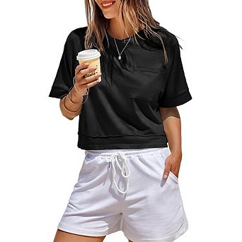 Women Cropped T-Shirts Short Sleeve Crew Neck Crop Tops Casual Summer Solid Color Basic Tees