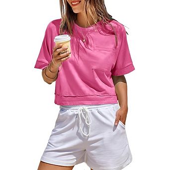 Women Cropped T-Shirts Short Sleeve Crew Neck Crop Tops Casual Summer Solid Color Basic Tees