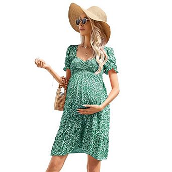Women's Maternity Puff Sleeve High Waist Mini Dress Smocked Bust Casual Dress