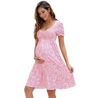 Women's Maternity Puff Sleeve High Waist Mini Dress Smocked Bust Casual Dress