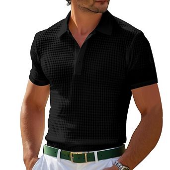 Men's Textured Waffle Knit Polo Shirt, Short Sleeve Button Placket Casual Top, Slim Breathable Shirt