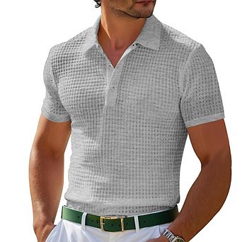 Men's Textured Waffle Knit Polo Shirt, Short Sleeve Button Placket Casual Top, Slim Breathable Shirt