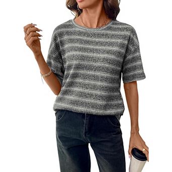 Women's Waffle Knit Striped Short Sleeve T-Shirt, Crewneck Loose Casual Knit Top