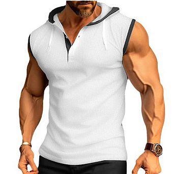 Men's Sleeveless Hoodie Tank Top,Button Workout Hooded Shirt, Casual Athletic Tank with Drawstring