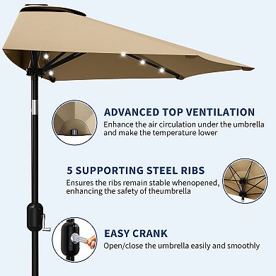 9FT Half Patio Umbrella with LED Lights, Space-Saving Wall Shade for Balcony, Crank Lift & UV Canopy