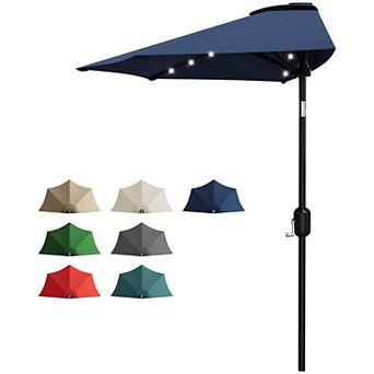 9FT Half Patio Umbrella with LED Lights, Space-Saving Wall Shade for Balcony, Crank Lift & UV Canopy
