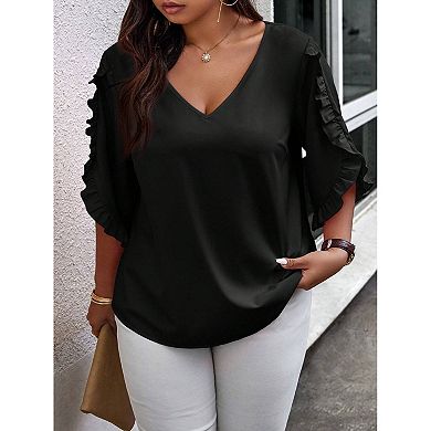 Plus Size Women's V-Neck Ruffle 3/4 Sleeve Blouse, Loose Casual Top
