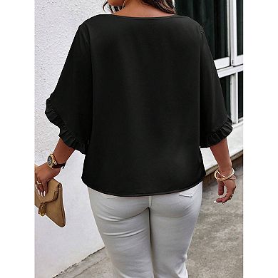 Plus Size Women's V-Neck Ruffle 3/4 Sleeve Blouse, Loose Casual Top