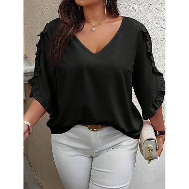 Plus Size Women's V-Neck Ruffle 3/4 Sleeve Blouse, Loose Casual Top
