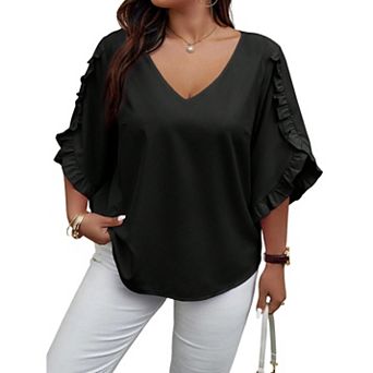 Plus Size Women's V-Neck Ruffle 3/4 Sleeve Blouse, Loose Casual Top