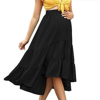 High Waist Maternity Floral Skirt Uneven Ruffle Hem Tiered Casual Midi Skirt for Pregnant Women