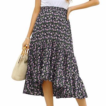 High Waist Maternity Floral Skirt Uneven Ruffle Hem Tiered Casual Midi Skirt for Pregnant Women