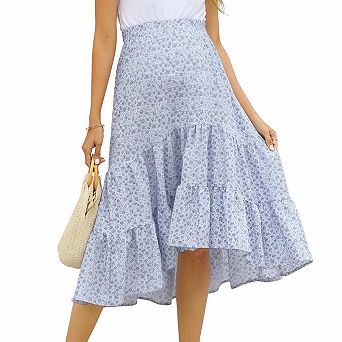 High Waist Maternity Floral Skirt Uneven Ruffle Hem Tiered Casual Midi Skirt for Pregnant Women