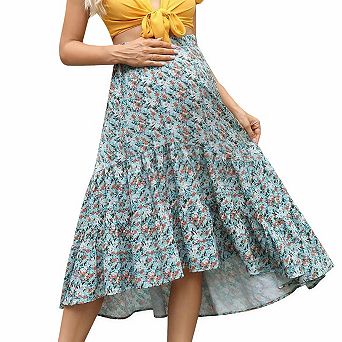 High Waist Maternity Floral Skirt Uneven Ruffle Hem Tiered Casual Midi Skirt for Pregnant Women